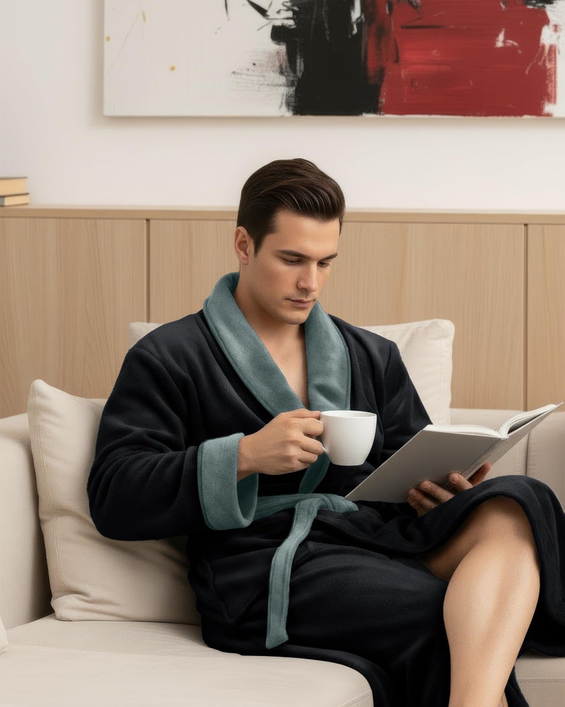 NY Threads Mens Robe, Luxury Plush Fleece Mens Bathrobe, Spa Bath Robe for Men, Small-Medium, Black Steel Grey - Image 3